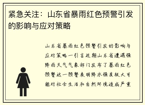 紧急关注：山东省暴雨红色预警引发的影响与应对策略