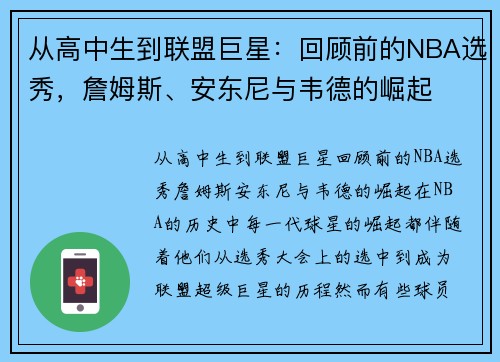 从高中生到联盟巨星：回顾前的NBA选秀，詹姆斯、安东尼与韦德的崛起