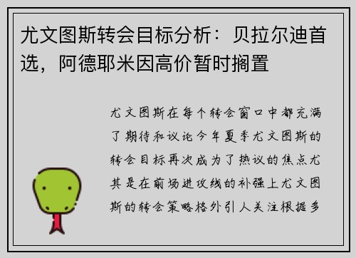 尤文图斯转会目标分析：贝拉尔迪首选，阿德耶米因高价暂时搁置