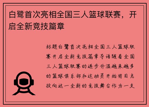白鹭首次亮相全国三人篮球联赛，开启全新竞技篇章